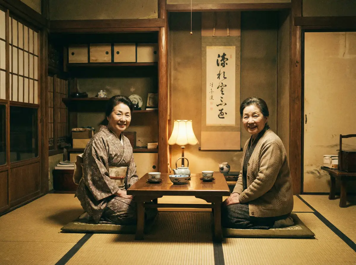 两位优雅的 探花视频 在日式茶室中品茶交谈